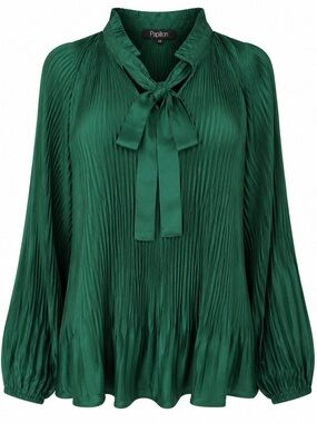 NWT Papillon Emerald Green Pleated Tie Neck Blouse XS Extra Small